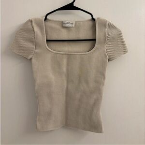 Aritzia Sculpt Knit Beige Short Sleeve Top square neck waist length